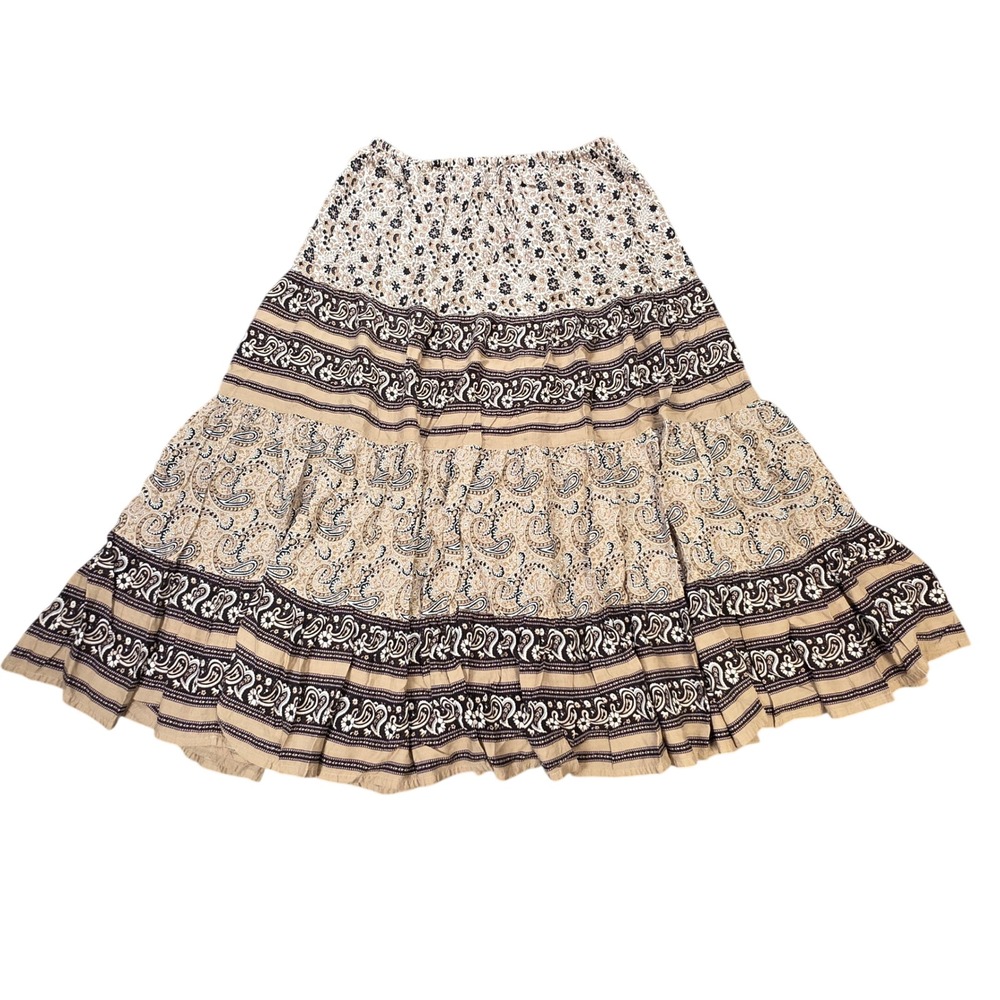 Vintage White Stag Tiered Tea Skirt Women's Size M 8/10 Tan Khaki Floral Paisley